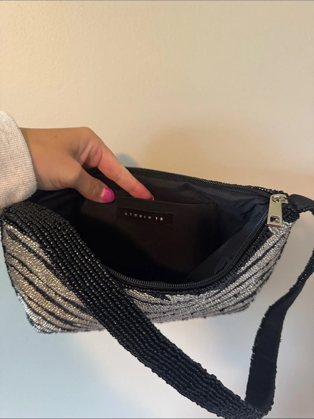 Beaded Zebra Striped Shoulder Bag